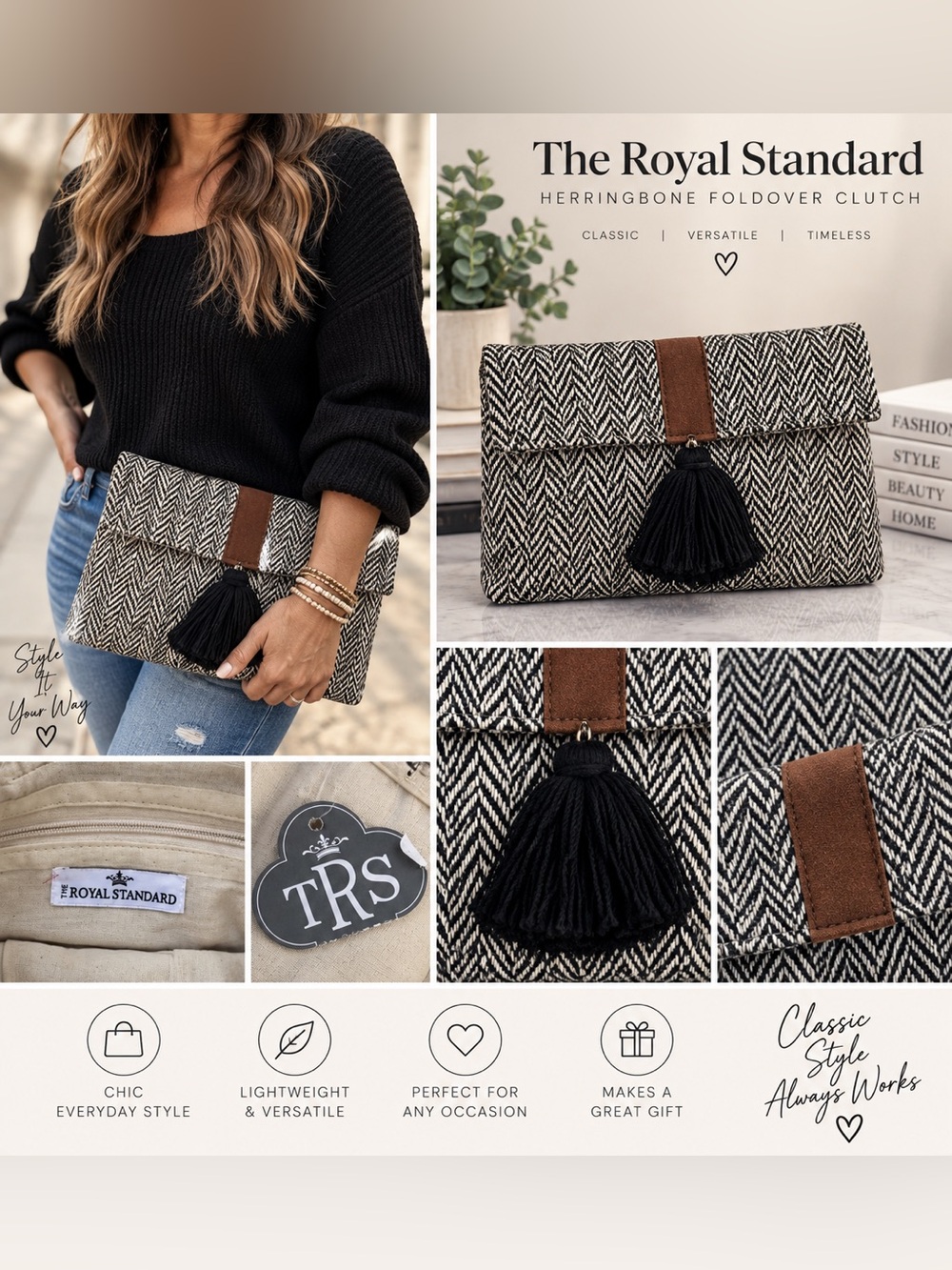 The Royal Standard Herringbone Foldover Tassel Clutch – NWT